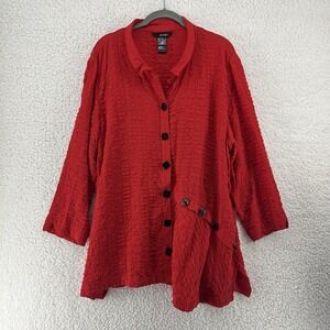 Ali Miles Tunic Top XL Red Black Toggle Buttons Up Crinkle Wired Collar Artsy